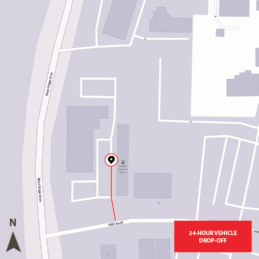 A top-down map of Dealer Collision Center and its vehicle drop-off location
